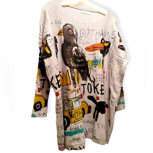 NWOT ELLAZHU Basquiat-Inspired Graphic Graffiti Wearable Art Oversized Sweater L - Picture 1 of 9